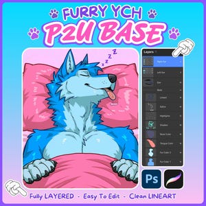 May include: A digital art base featuring a blue anthropomorphic wolf sleeping on a pink pillow and blanket with its tongue out. The image includes a layer panel interface, Photoshop and Procreate icons, and the text FURRY YCH P2U BASE.