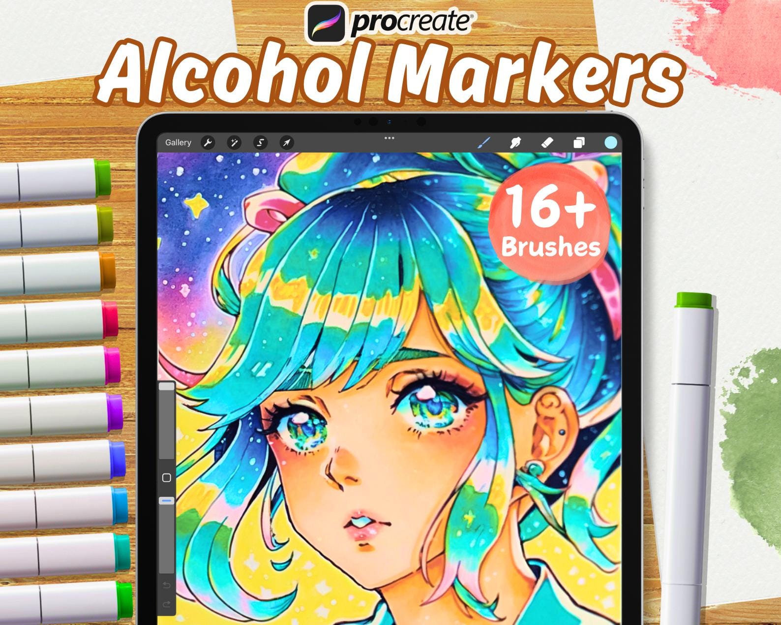 Pinceles de Procreate tipo marcador de alcohol – Estilo Copic, fineliners, texturas + paleta de color para iPad