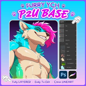 May include: A digital art base featuring a turquoise and cream-colored anthropomorphic wolf character with bright pink hair. The image includes a layer panel interface, Photoshop and Procreate icons, and the text FURRY YCH P2U BASE.