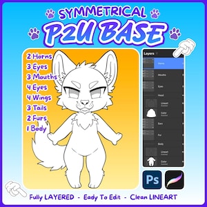 Puede incluir: Una base de personaje en arte lineal digital titulada SYMMETRICAL P2U BASE, que muestra una figura animal central con orejas grandes y una cola esponjosa. El texto enumera opciones como 2 Horns, 3 Eyes, 3 Mouths, 4 Eyes, 4 Wings, 3 Tails, 2 Furs y 1 Body.