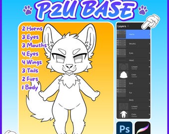 Furry P2U Base PSD, Symmetrical Fursona Template, Photoshop Procreate, Anthro Canine Feline YCH Base, Adopt Base, OC Base, diy Fursona
