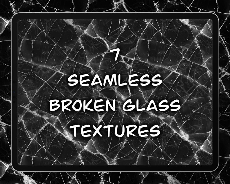 Pode incluir: Um tablet digital que exibe uma imagem em preto e branco de vidro quebrado. O texto "7 Seamless Broken Glass Textures" &eacute; sobreposto &agrave; imagem.