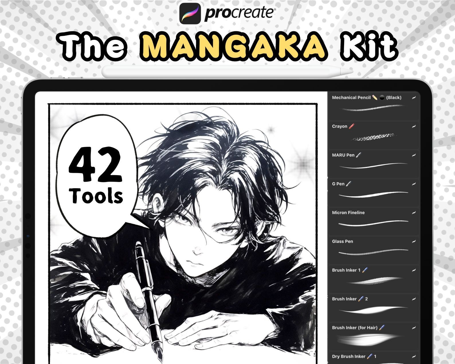Set de pinceles Procreate Mangaka – Entintado manga G‑Pen, Maru, semitonos, bocadillos, destellos + pinceles tipo Copic y acuarela
