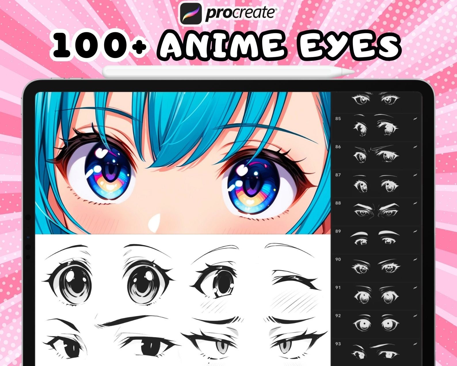 Mais de 100 carimbos de olhos de mangá e anime para Procreate – Brushset para iPad (masculino e feminino)