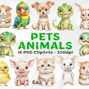 Pet Animals Clipart PNG Bundle, Pet watercolor clipart, cute Dog clipart, cute Cat clipart, nursery decor, baby shower, Sublimation Designs