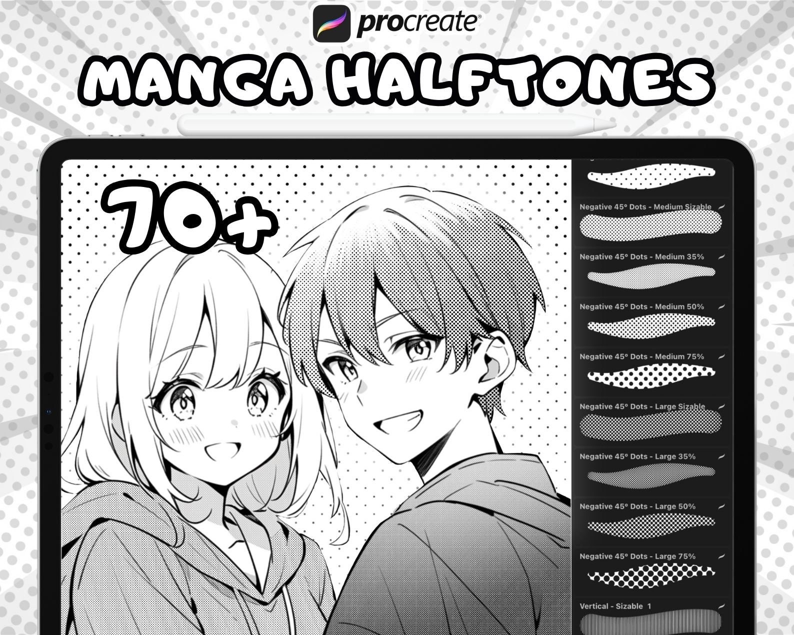 Set de pinceles Screentone para Procreate – 100+ texturas halftone y patrones de tramas para cómic