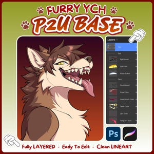 Puede incluir: Una base de arte digital que presenta un personaje de lobo antropomórfico marrón y crema con ojos amarillos y una boca abierta que muestra dientes y lengua. La imagen incluye una interfaz de panel de capas, iconos de Photoshop y Procreate, y el texto FURRY YCH P2U BASE.