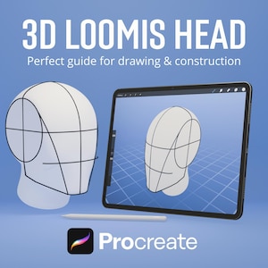 May include: An image promoting a digital art tutorial, "3D Loomis Head", featuring a 3D head model and a tablet showing the same. A stylus and the Procreate logo are also present. The text reads "Perfect guide for drawing & construction."