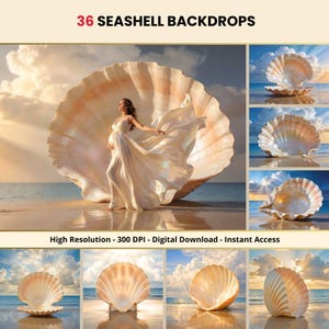 Könnte beinhalten: Das Bild zeigt eine Frau in einem fließenden weißen Kleid, die an einem Strand mit einem großen Muschelhintergrund steht. Das Bild enthält mehrere Muschelhintergründe mit einem Strand- und Himmelshintergrund. Der Text oben lautet "36 Seashell Backdrops."