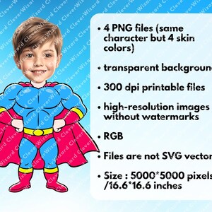 May include: A digital illustration of a child dressed as a superhero with a blue and red costume. The image is a PNG file with a transparent background. The image is 5000 x 5000 pixels and 16.6 x 16.6 inches.