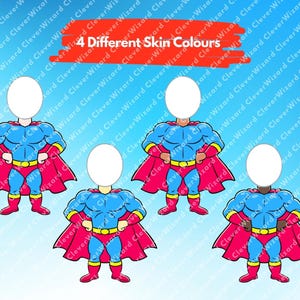 May include: Four superhero cutouts with different skin tones. Each cutout has a blue and red costume with a red cape. The cutouts have blank spaces for faces.