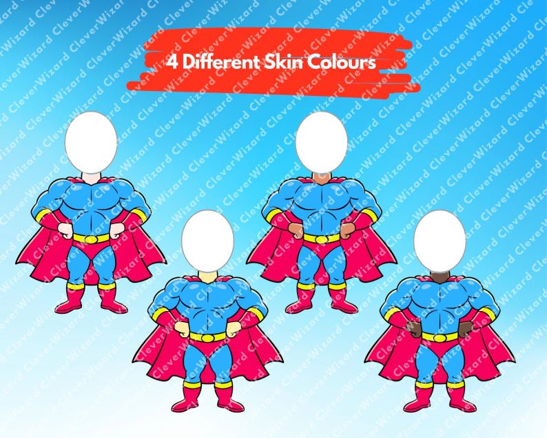 May include: Four superhero cutouts with different skin tones. Each cutout has a blue and red costume with a red cape. The cutouts have blank spaces for faces.