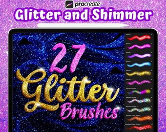 Könnte beinhalten: 27 Glitter-Pinsel für die Procreate-App. Das Bild zeigt eine digitale Illustration eines glitzernden Hintergrunds mit dem Text "27 Glitter Brushes" in goldenen und rosafarbenen Buchstaben. Das Bild zeigt auch eine digitale Palette von Glitter-Pinseln in verschiedenen Farben.