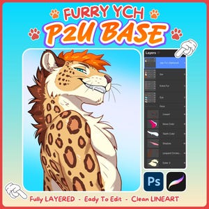 Può includere: Un file di arte digitale raffigurante un personaggio simile a un leopardo con capelli arancioni e macchie. L'immagine include un pannello livelli, icone Photoshop e Procreate e il testo FURRY YCH P2U BASE, Fully LAYERED - Eady To Edit - Clean LINEART.