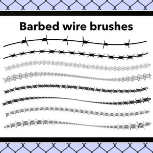 Może przedstawiać: Cyfrowy ekran tabletu wyświetlający zestaw 10 czarnych i szarych szczotek z drutu kolczastego. Tekst "Barbed wire brushes" znajduje się w g&oacute;rnej części ekranu.