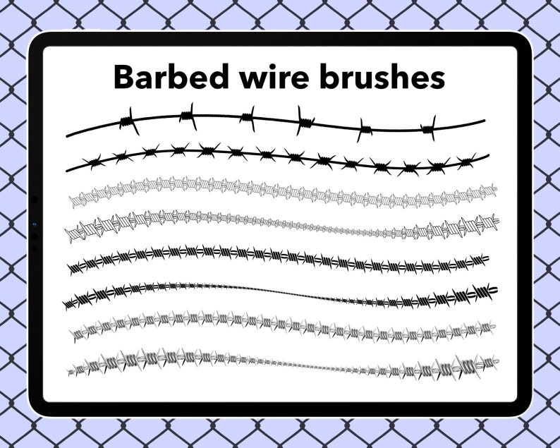 Może przedstawiać: Cyfrowy ekran tabletu wyświetlający zestaw 10 czarnych i szarych szczotek z drutu kolczastego. Tekst "Barbed wire brushes" znajduje się w g&oacute;rnej części ekranu.