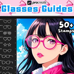 May include: A digital illustration of a woman with long black hair wearing pink-rimmed glasses. The image is on a tablet screen with a menu of different glasses styles labeled "Glasses Guides" and "50+ Stamps".