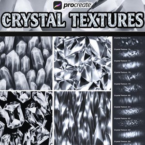 Può includere: Un tablet digitale mostra texture di cristalli per Procreate. Lo schermo presenta vari motivi di cristallo in tonalità di grigio e bianco, con il titolo "CRYSTAL TEXTURES" in alto. Il lato destro elenca i numeri delle texture.