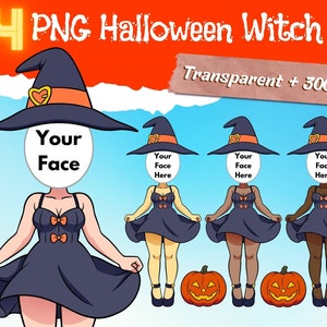 Op de afbeelding: Vier digitale afbeeldingen van een cartoonheks met een zwarte jurk, een oranje en witte hoed en een hartvormig ontwerp. Het gezicht van de heks is een lege cirkel met de tekst "Your Face Here". De afbeeldingen bevinden zich op een blauwe achtergrond met twee oranje pompoenen.