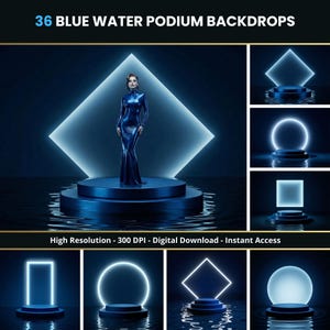 Peut inclure: Produit numérique présentant 36 arrière-plans de podiums aquatiques bleus. L'image montre une femme en robe bleue sur un podium bleu, avec diverses formes géométriques éclairées au néon. Le texte indique "36 BLUE WATER PODIUM BACKDROPS".