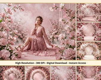36 Pink Rose Backdrops, Flower Arch Portrait Backgrounds, Wedding & Maternity Photography, Photoshop Overlays, Photo Edit, Garden Backdrops