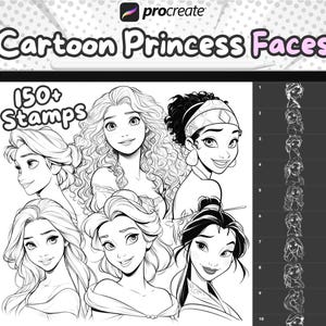 Procreate cartoon princess Face Stamps, Procreate cartoon Female head stamps, Procreate Head Base, Head Reference, cartoon head Guides