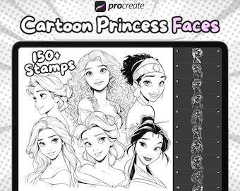 Op de afbeelding: Digitale illustratie op een tabletscherm met de tekst "Cartoon Princess Faces" en "150+ Stamps". De afbeelding toont verschillende cartoon prinsessen gezichten in zwart-wit, met een zijpaneel met gezichtsstempels.