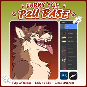 May include: A digital illustration of a brown and cream-colored anthropomorphic wolf character with yellow eyes and a tongue hanging out. The image includes a layer panel interface, the text FURRY YCH P2U BASE, and software icons.