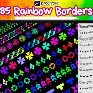 May include: A digital illustration of 85 rainbow colored borders on a black background. The borders are made up of various geometric shapes and patterns. The text "procreate" and "85 Rainbow Borders" is displayed at the top of the image.