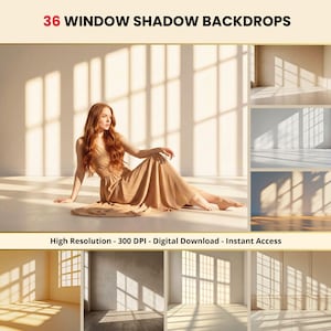 Puede incluir: Un producto digital con 36 fondos de sombras de ventanas. La imagen muestra a una mujer con un vestido beige, con el pelo largo y rojo, sentada en un suelo blanco. El texto de la imagen dice "Alta Resolución - 300 DPI - Descarga Digital - Acceso Instantáneo."
