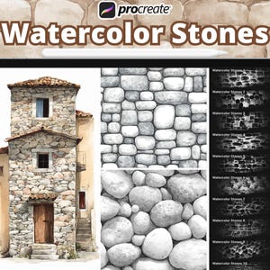 May include: A digital art display on a tablet featuring watercolor stone textures and a stone building illustration. The text "Watercolor Stones" is displayed at the top. The Procreate logo is visible in the upper left corner.