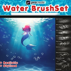 May include: A digital art illustration of a mermaid swimming underwater, surrounded by bubbles. The image is on a tablet with a stylus, showcasing a "Water BrushSet" for Procreate. The set includes various water textures and effects, labeled "Realistic + Stylised."