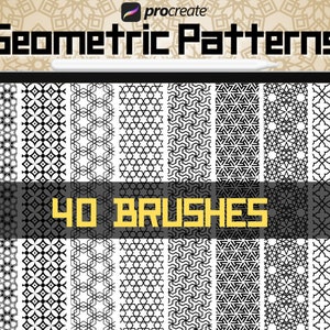 Może przedstawiać: Cyfrowy ekran tabletu wyświetlający 40 czarno-białych pędzli z geometrycznymi wzorami do Procreate. Na ekranie wyświetlany jest tekst "Geometric Patterns" i "40 Brushes".