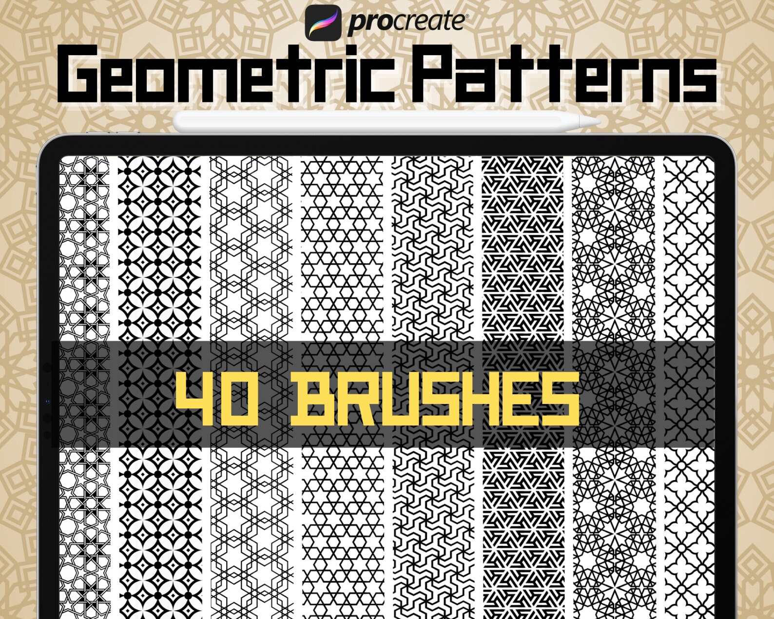 40 pinceles de patrones geométricos sin costuras para Procreate – Pinceles de textura y set de sellos Descarga digital