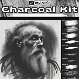 May include: A digital illustration of a man's face with a beard, drawn in charcoal. The image is used to showcase a set of 23 charcoal brushes for the Procreate app.