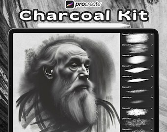 May include: A digital illustration of a man's face with a beard, drawn in charcoal. The image is used to showcase a set of 23 charcoal brushes for the Procreate app.