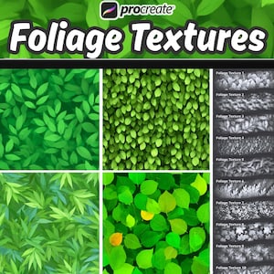 May include: A digital tablet showcasing a variety of green foliage textures. The screen presents diverse leaf patterns and textures, with the words "Foliage Textures" at the top. The Procreate logo is also visible.