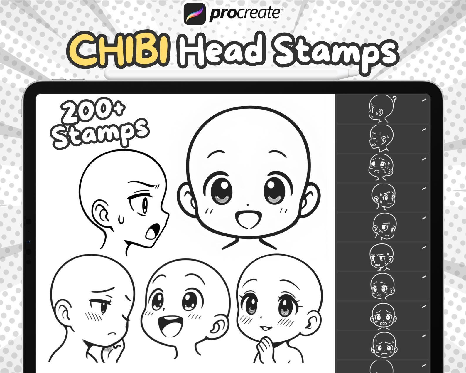 Carimbos de cabeças chibi manga para Procreate – 200+ guias de cabeça anime e pincéis base