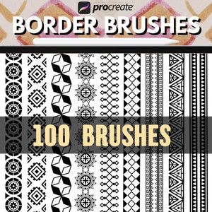 Puede incluir: Una ilustración digital de 100 pinceles de borde blanco y negro para usar en la aplicación Procreate. Los pinceles se muestran en filas sobre un fondo blanco.