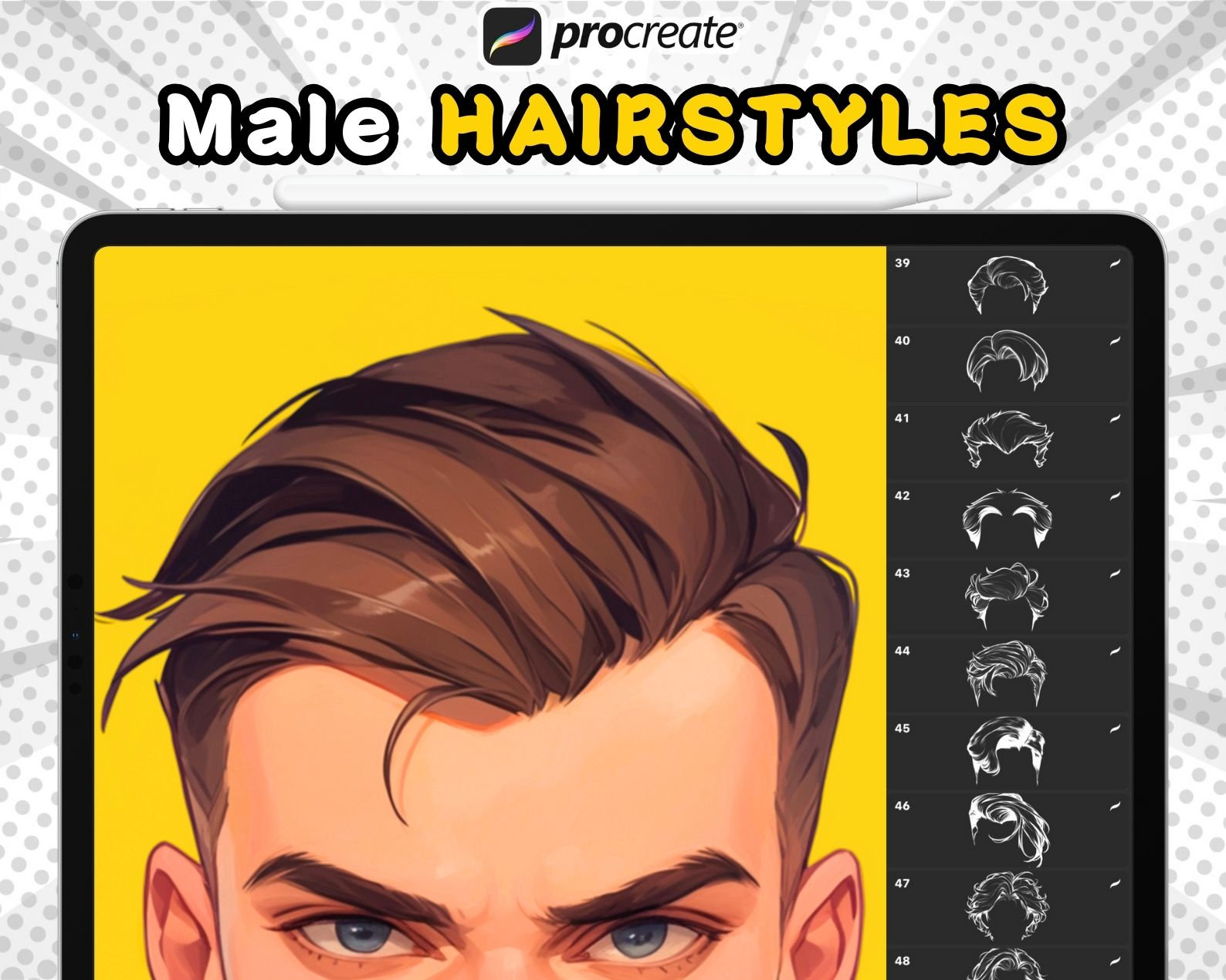 50+ Procreate男性ヘアスタンプ — マンガ・コミック・デジタルアート向けメンズヘアブラシセット