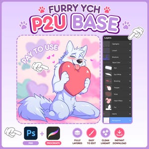 Base PSD Furry P2U, Base Fursona Canina Antropomórfica, Base em Camadas para Procreate e Photoshop, Base YCH, Base OC, Comissões de Adopts, Uso Comercial