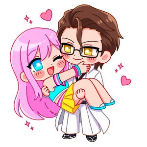 May include: A chibi-style illustration of two characters. One character with long pink hair wears a blue and pink top with a yellow skirt. The other character has brown hair, wears glasses, and a white coat. Pink hearts and sparkles surround them.