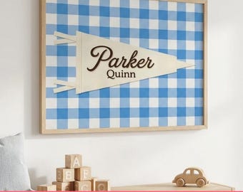 Custom Name Pennant Flag, Personalized Nursery Pennant Name Print, Nursery Wall Art, Gingham Kids Room Decor, Baby Shower Birthday Gift