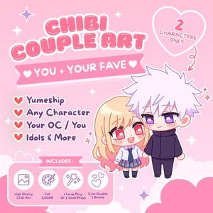Custom Yumeship Chibi Couple Portrait, Anime Couple Commission, Selfship Art, OC x Canon x Furry, Digital Gift, Cute Chibi Illustration, YCH image 2
