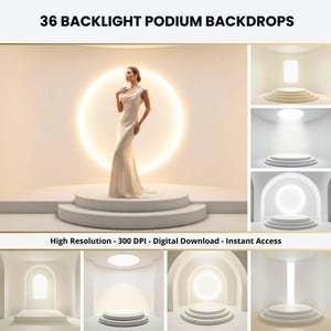 Pode incluir: Uma mulher em um vestido branco está em um pódio branco em frente a um grande círculo brilhante. A imagem é rotulada como "36 BACKLIGHT PODIUM BACKDROPS" e inclui o texto "High Resolution - 300 DPI - Digital Download - Instant Access."