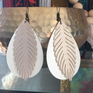 Layered Rose Gold Feather Earrings White Teardrops Earrings Boho Earrings Layered Earrings Faux Leather Earrings Gift image 2