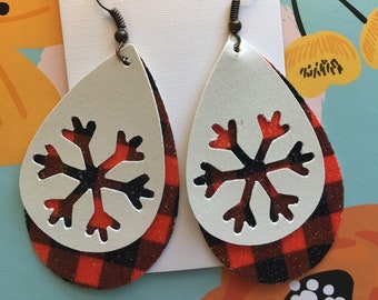 Faux Leather,  White Snowflake Cutout,  Red Buffalo Plaid, Teardrop Earrings, Christmas, Winter, Gift