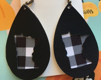 Minnesota State Earrings - Faux Leather Earrings - Buffalo Plaid Earrings- Layered Cutout Earrings - Teardrop Earring