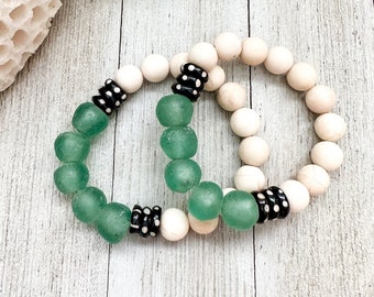 Recycled Sea Glass Bracelet | Boho | Coastal | Bone & Riverstone  Beads