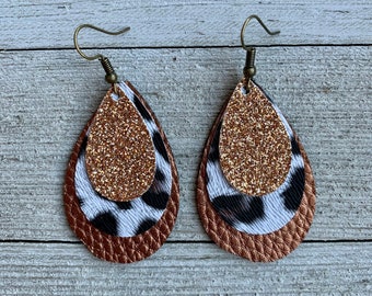 Faux Leather Earrings - Leopard- Gold Glitter- Bronze - Teardrop Earrings - Handmade - Beautiful Gifts -